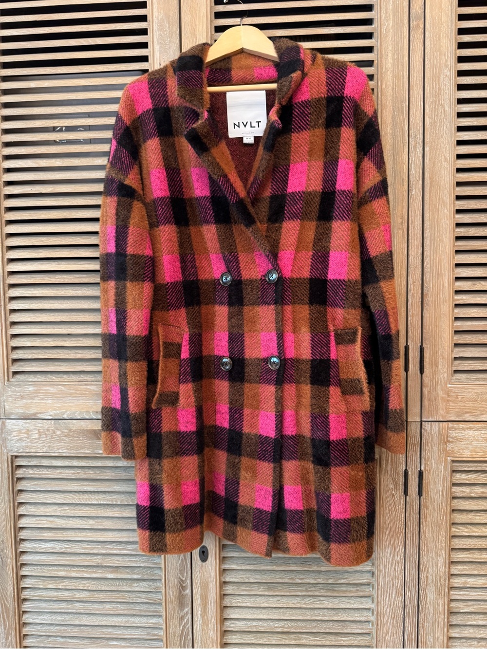 NVLT Pink and Brown Plaid Double-Breasted Peacoat Anthropologie